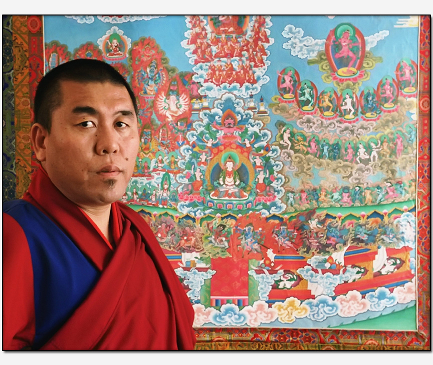 BonPo Tibetan monk Geshe Nyima Dakpa Rinpoche and thangka depicting lineage